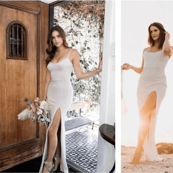 Katie May Call Me Slim Dress Gown Ivory crepe Sleeveless Maxi side slit 1X - Picture 1 of 9